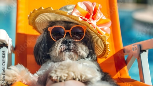 Cute pampered shih tzu relaxes in a beach chair, sporting a stylish sun hat with a bow accent and glamorous oversized sunglasses, enjoying the  summer ocean vacation breeze. photo