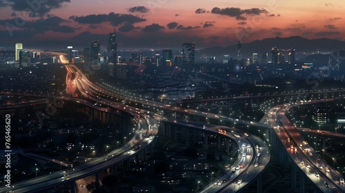Urban Symphony Aerial View of Cityscape at Dusk Interconnected Roads Bridges and Buildings Illuminate the Heartbeat of the Metropolis