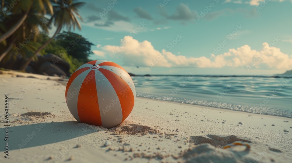Colorful beach ball set against the picturesque backdrop of a beach view, evoking memories of summertime joy and carefree days by the shore.
