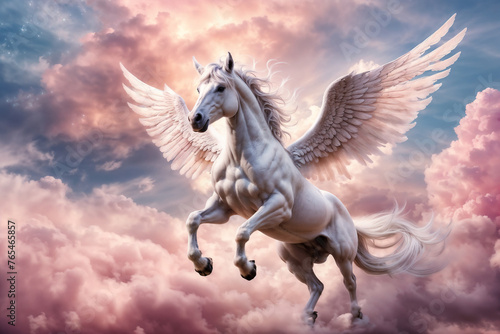 Majestic Pegasus Soaring Through a Cloudy Sky at Twilight