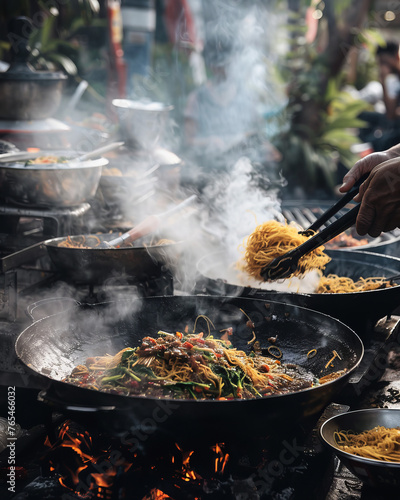 A skilled street food vendor expertly cooks noodles in a large wok over an open flame, surrounded by the hustle and bustle of market life