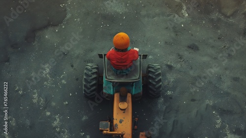Lonely Toil: Captured from above, a child sits quietly on a construction vehicle, highlighting the solitude of labor.