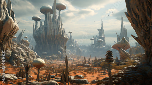 An alien landscape with towering rock formations
