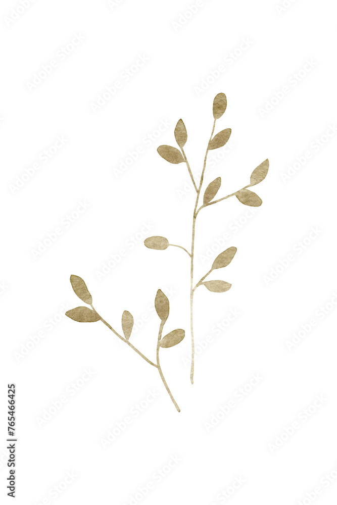 Simple abstract hand drawn watercolor greenery. Spring botanical flat watercolor illustration of leaves on branch Simple abstract hand drawn watercolor greenery. Spring botanical flat watercolor illustration of leaves on branch