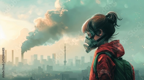 Character illustration amidst PM 2.5 smog emphasizing the need for collective action to address environmental challenges.