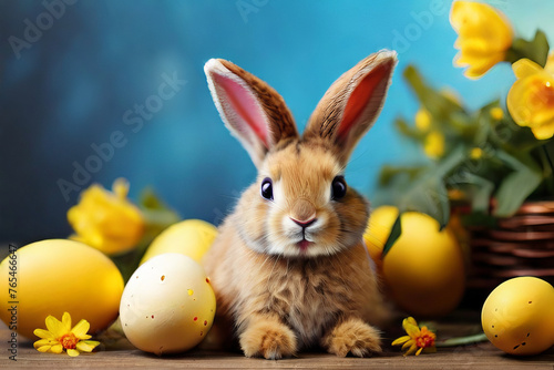 Enchanting photograph featuring an Easter bunny surrounded by a variety of colorful eggs and cheerful yellow flowers, illuminated by the soft rays of the sun.