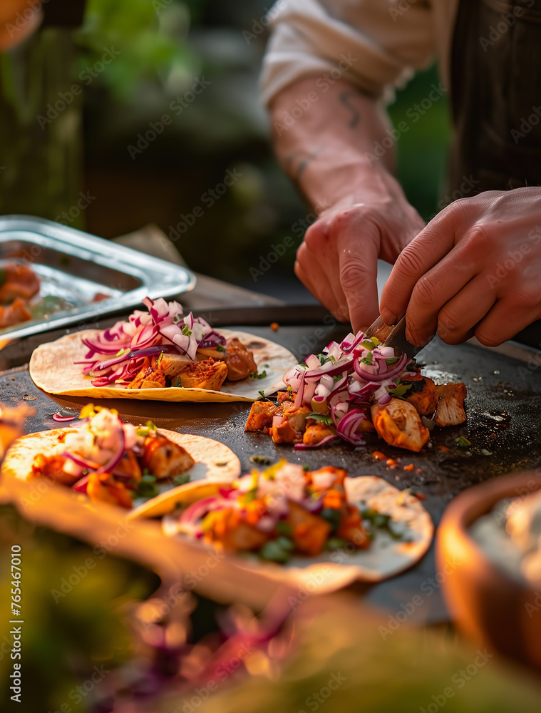 Chef’s Hands Preparing Fresh Tacos On A Rustic Wooden Board