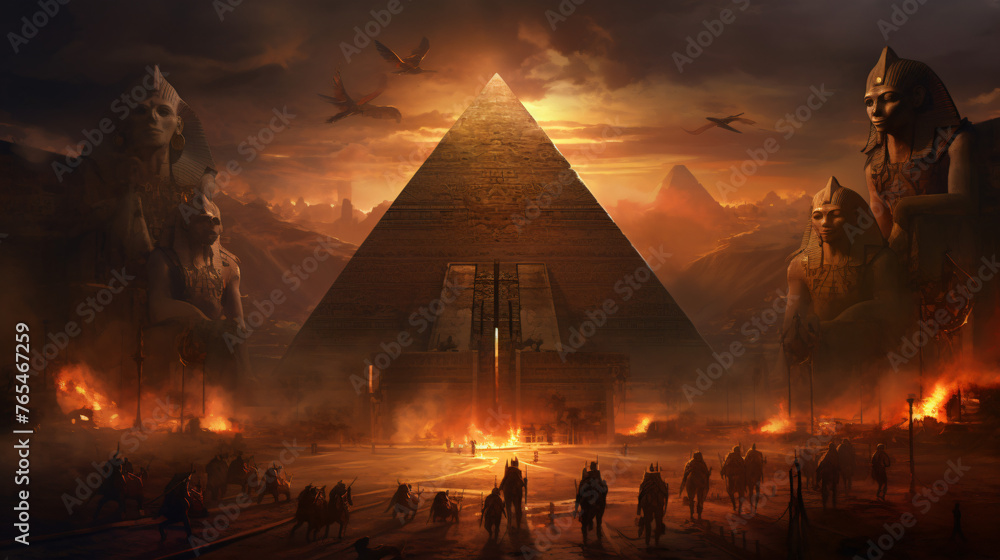 An ancient Egyptian pyramid with hieroglyphics and sta