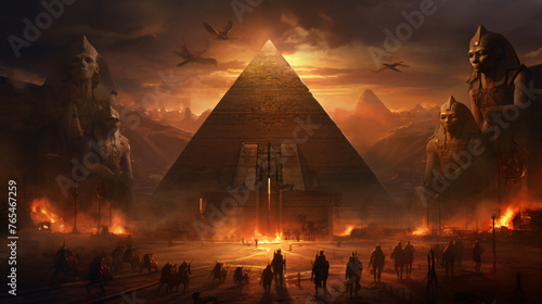 An ancient Egyptian pyramid with hieroglyphics and sta photo