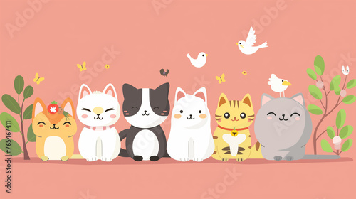 A group of cats are sitting together on a red background