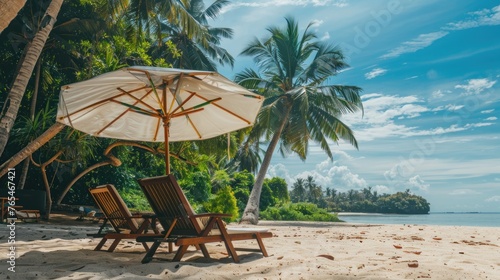 Scenic view of umbrellas and beach chairs with a stunning sea beach in the background  inviting relaxation and enjoyment amidst the tranquil beauty of coastal landscapes. 