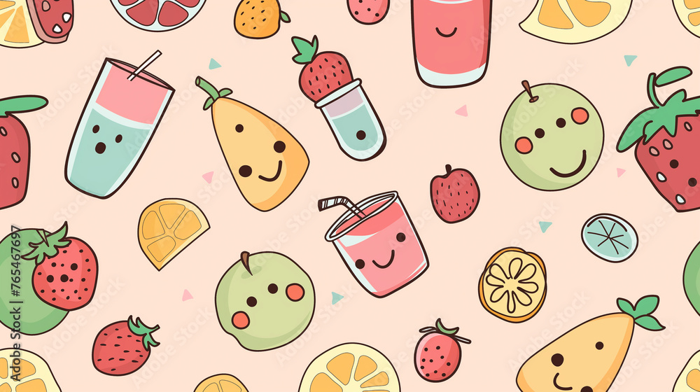 A cartoonish drawing of fruits and drinks with a smiling face A cartoonish drawing of fruits and drinks with a smiling face