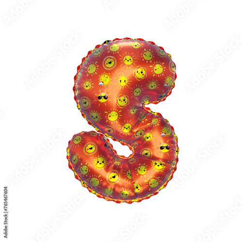 3D inflated balloon letter S with orange surface and yellow sun smiley childrens pattern