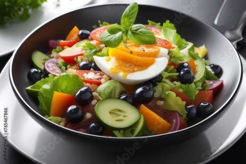 Fresh and colorful vegetarian salad presented in a deep dish on a café table, showcasing a harmonious composition against the clean white background