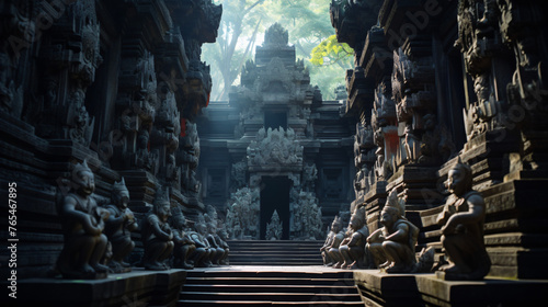 An ancient temple with intricate carvings and statues. © Jafger