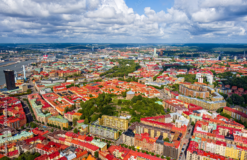 Gothenburg, Sweden. Skansen Kronan - fortress tower. Panorama of the city in summer in cloudy weather. Aerial view