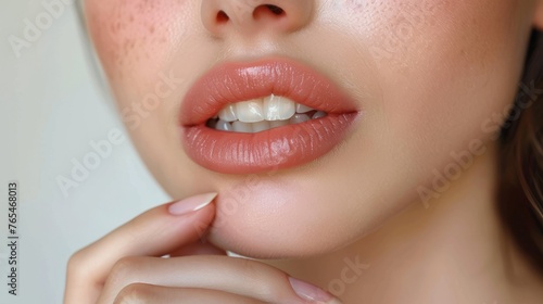 Woman shows off her red-hued lips.