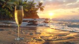 Wine glass against the picturesque backdrop of a beautiful sea beach, inviting contemplation and enjoyment amidst the soothing sounds of waves and gentle sea breeze.
