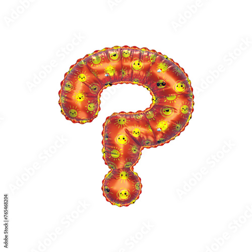 3D inflated balloon Question Symbol/sign with orange surface and yellow sun smiley childrens pattern