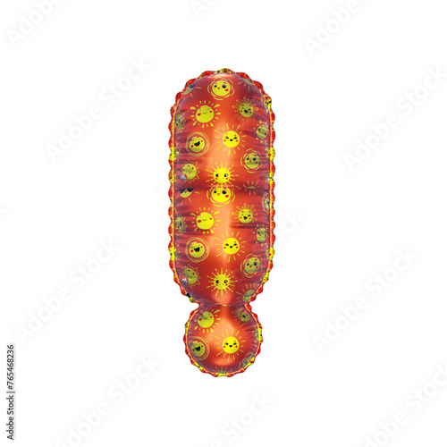 3D inflated balloon Exclamation Symbol/sign with orange surface and yellow sun smiley childrens pattern