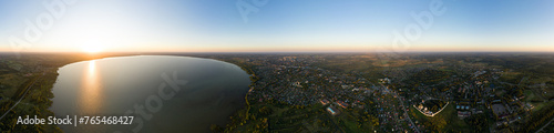 Pereslavl-Zalessky, Russian. Lake Pleshcheyevo at sunset time. Panorama 360. Aerial view photo