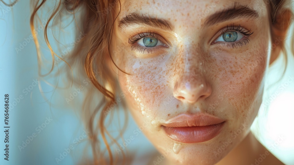 Close-up of a woman with freckles, blue eyes, and curly hair, looking directly at the camera Close-up of a woman with freckles, blue eyes, and curly hair, looking directly at the camera