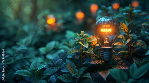 Illuminated light bulb with the word innovation glowing stands amidst lush green foliage, symbolizing creativity and ideas © TheGoldTiger