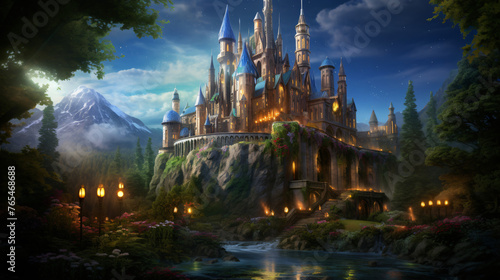 An enchanted castle guarded by magical creatures and p