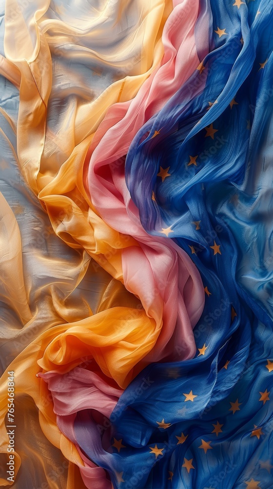 Image shows a luxurious, flowing fabric with a gradient from yellow to blue, adorned with stars Image shows a luxurious, flowing fabric with a gradient from yellow to blue, adorned with stars