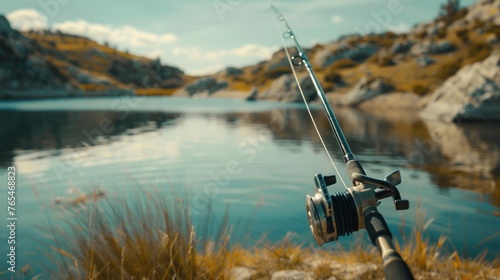 Angler's fishing rod against the stunning backdrop of a beautiful and cool river view, blending relaxation with the thrill of the catch in a serene aquatic setting. 