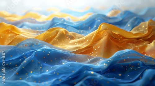 Digitally created image of blue and gold fabric waves with sparkling stars, resembling a flag photo