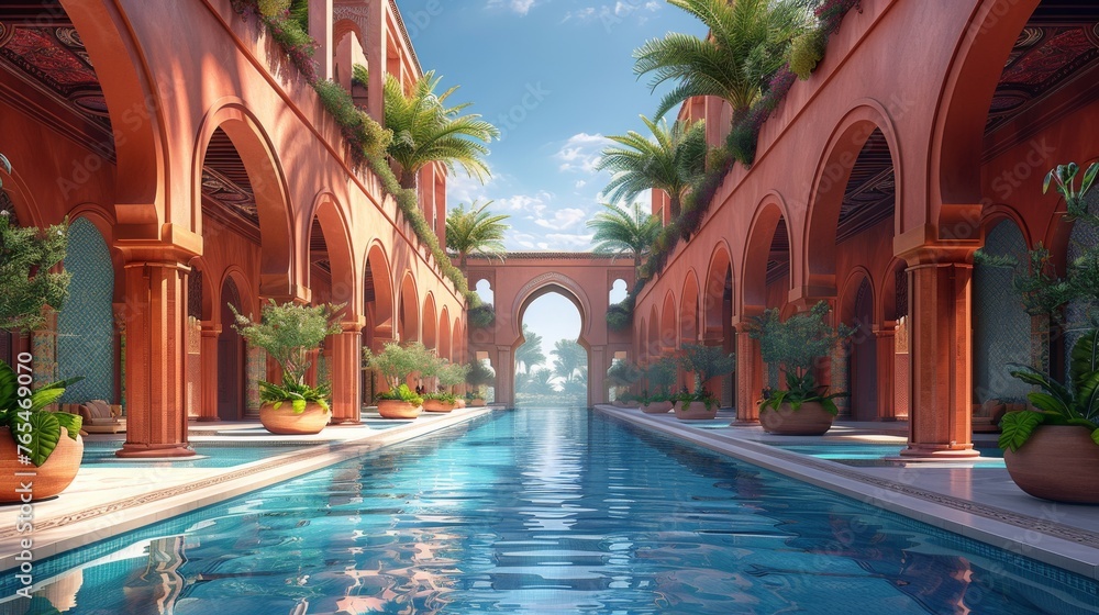 Elegant pool flanked by archways, palm trees, and potted plants in a serene, luxurious setting