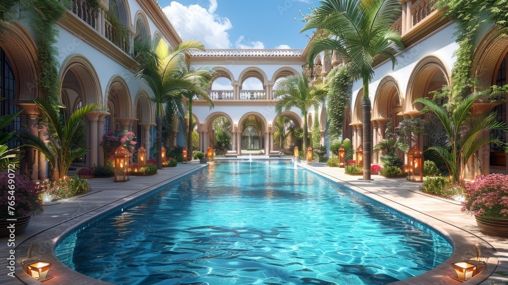 Serene luxury courtyard with a swimming pool, surrounded by arches, plants, and atmospheric lanterns