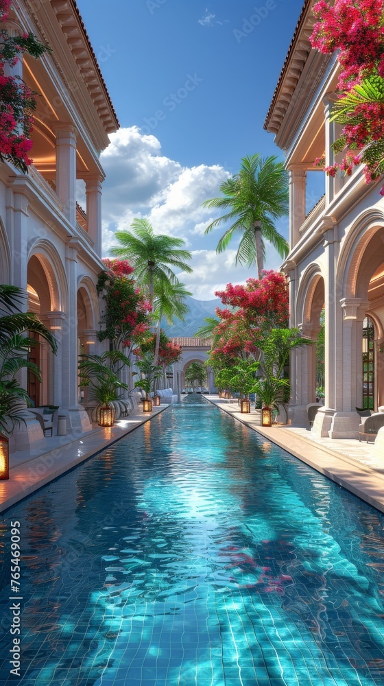 Luxurious pool lined with palm trees and arches under a clear blue sky, flanked by blossoming flowers