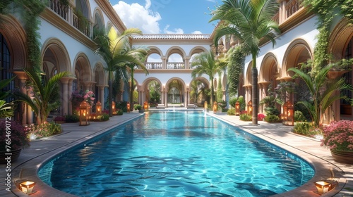 Serene luxury courtyard with a swimming pool, surrounded by arches, plants, and atmospheric lanterns