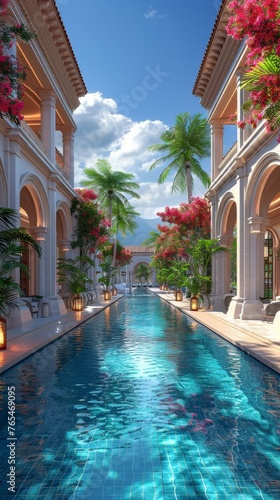 Luxurious pool lined with palm trees and arches under a clear blue sky, flanked by blossoming flowers © TheGoldTiger