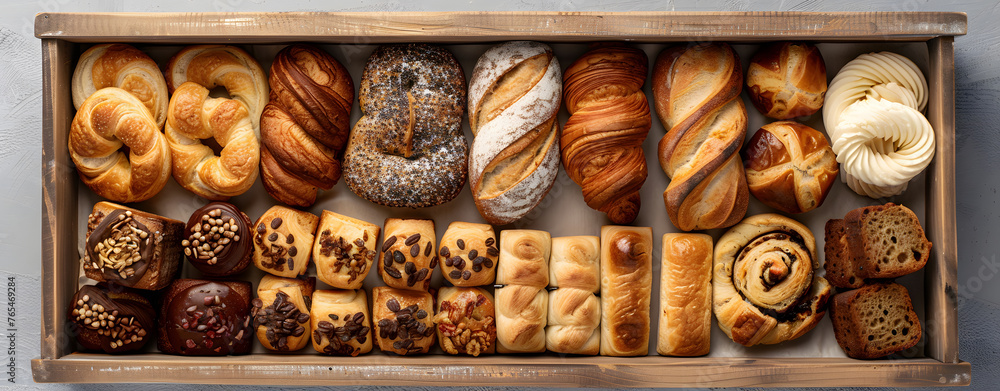 Bakery products in a wooden box, a top view of various breads and pastries, including baguettes, croissants, buns, and rolls, arranged neatly on the table Bakery products in a wooden box, a top view of various breads and pastries, including baguettes, croissants, buns, and rolls, arranged neatly on the table