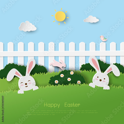 Happy Easter greeting card,celebrate theme with easter eggs and rabbits on paper cut and craft style
