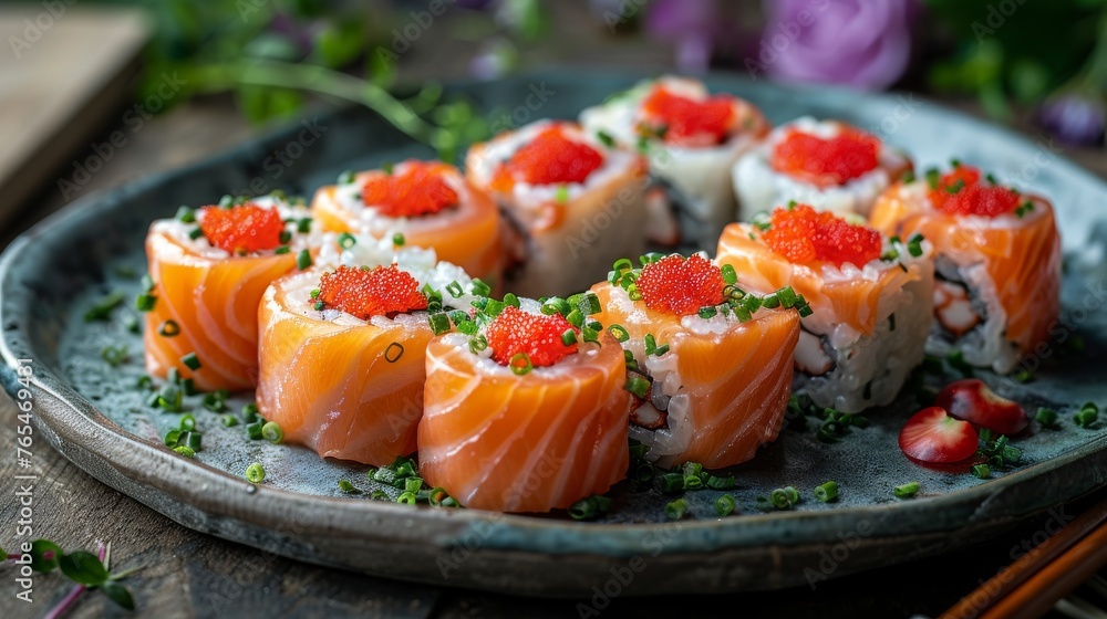 Plate of salmon sushi rolls topped with roe and chives, garnished with flowers in background Plate of salmon sushi rolls topped with roe and chives, garnished with flowers in background