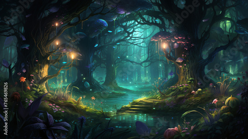 An enchanted forest with magical creatures and glowing © Jafger