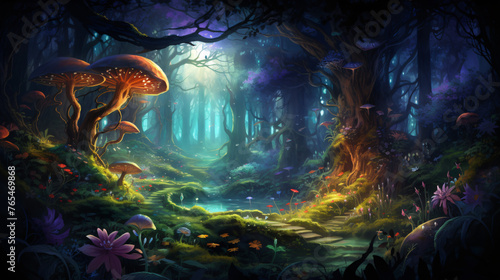 An enchanted forest with magical creatures and glowing