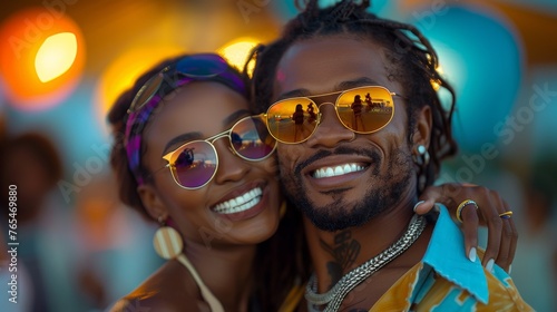 Two smiling individuals with sunglasses, enjoying a festive atmosphere, colorful balloons in the background, close-up portrait