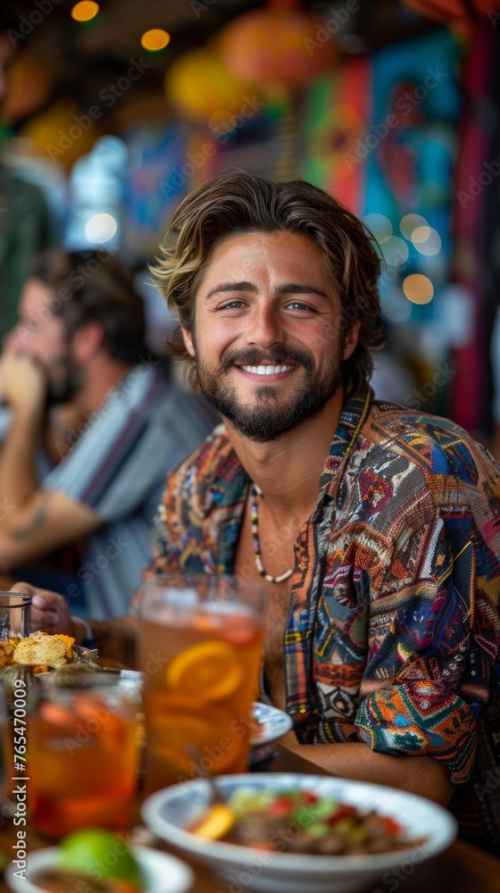 Smiling man at a restaurant table with colorful decor, food, and drinks in foreground Smiling man at a restaurant table with colorful decor, food, and drinks in foreground