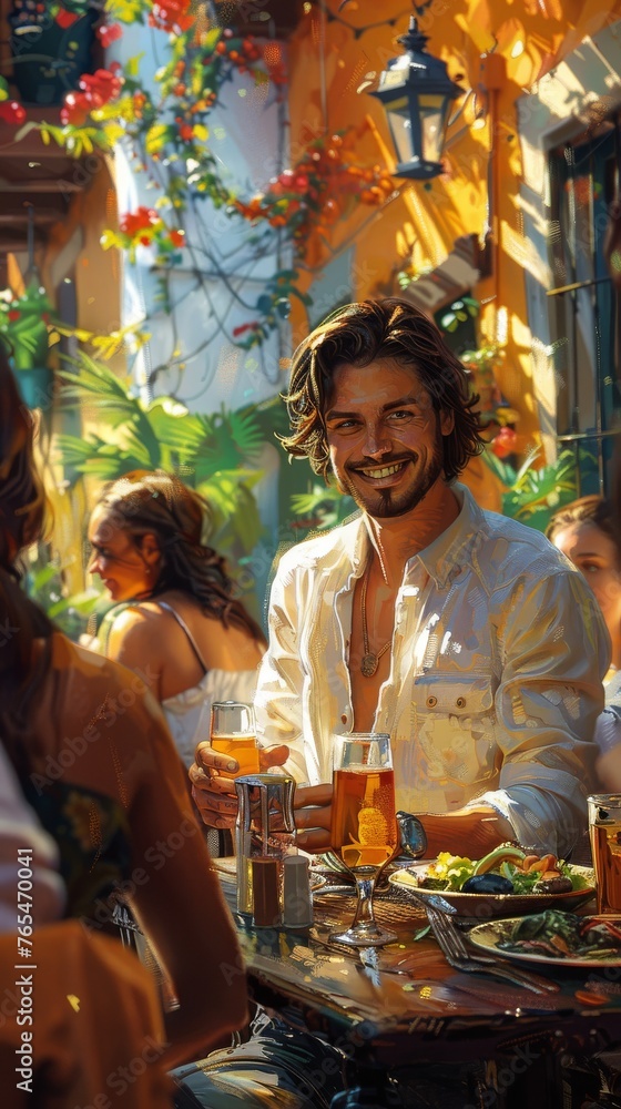 Smiling man at an outdoor cafe, holding a beer, with colorful flowers and sunlight