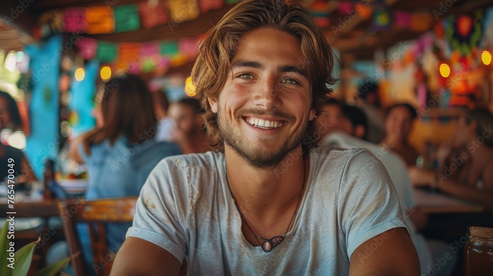 Smiling young man sitting in a vibrant restaurant decorated with colorful lights and paper lanterns