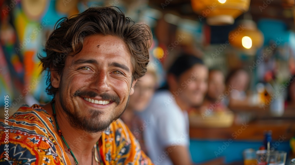 Smiling man with curly hair, wearing a colorful shirt, sitting in a vibrant, busy restaurant Smiling man with curly hair, wearing a colorful shirt, sitting in a vibrant, busy restaurant