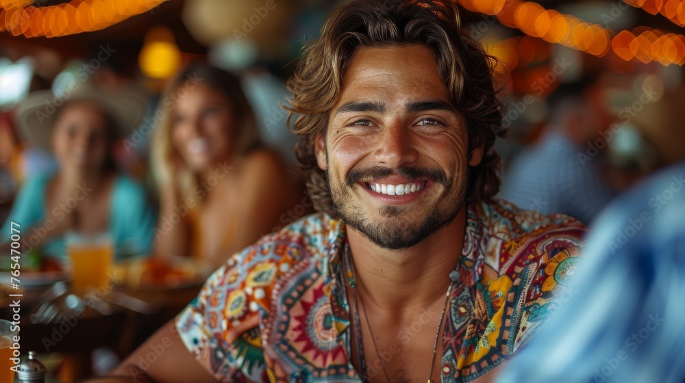 Smiling man with long hair, in a colorful shirt, sits in a lively, crowded restaurant Smiling man with long hair, in a colorful shirt, sits in a lively, crowded restaurant