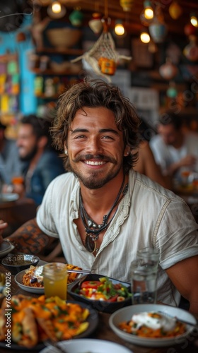 Smiling person with tattoos sits at a table with colorful dishes in a vibrant restaurant
