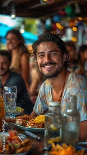 Smiling person at a restaurant with a colorful plate of food and festive atmosphere