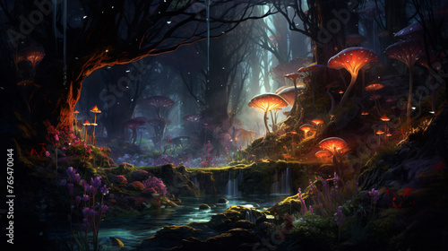 An enchanted forest with magical creatures and glowing
